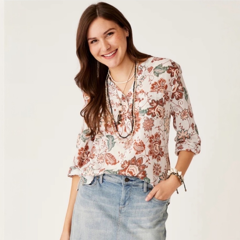 Carve Designs Dylan Gauze Shirt Size L Floral Paisley Blouse White Brown